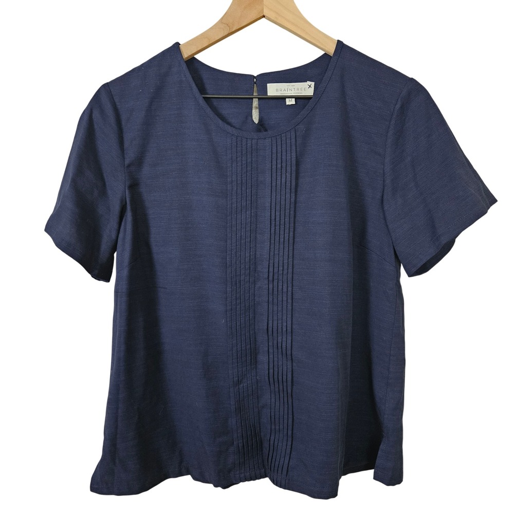 Braintree Pintuck Tencel Blouse Short Sleeve Sz M Navy Blue‎ Shirt Top